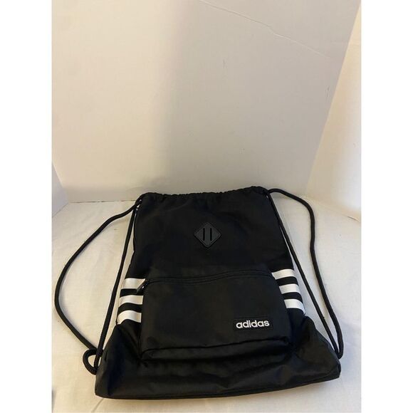 Adidas cinch sack bag tote sak zipper pockets black white19x14" Trefoil rn#09288 - Picture 1 of 4